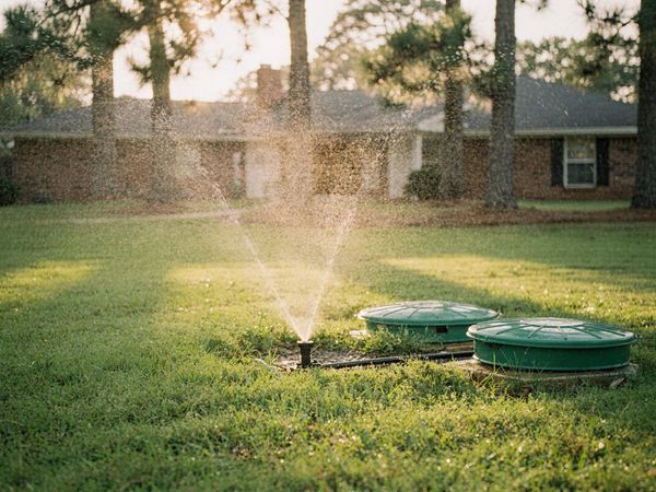 A sprinkler head spraying treated water across a lawn next to two green aerobic septic tank lids, with a brick house behind.
