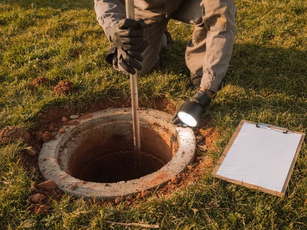 A kneeling worker lowers a measuring pole into an open concrete septic tank port and shines a flashlight inside, with a blank clipboard on the grass.