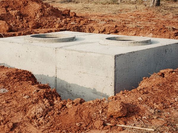 A new precast concrete septic tank set in a freshly dug hole in red clay.