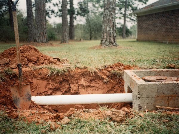 A trench dug in red clay exposing a white sewer pipe that runs to a concrete septic box, with a shovel standing in the dirt.